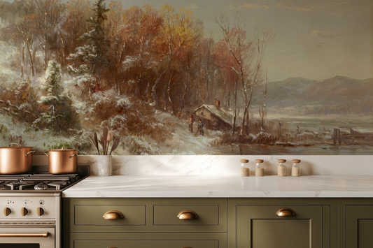 Kitchen with a winter landscape mural on the wall