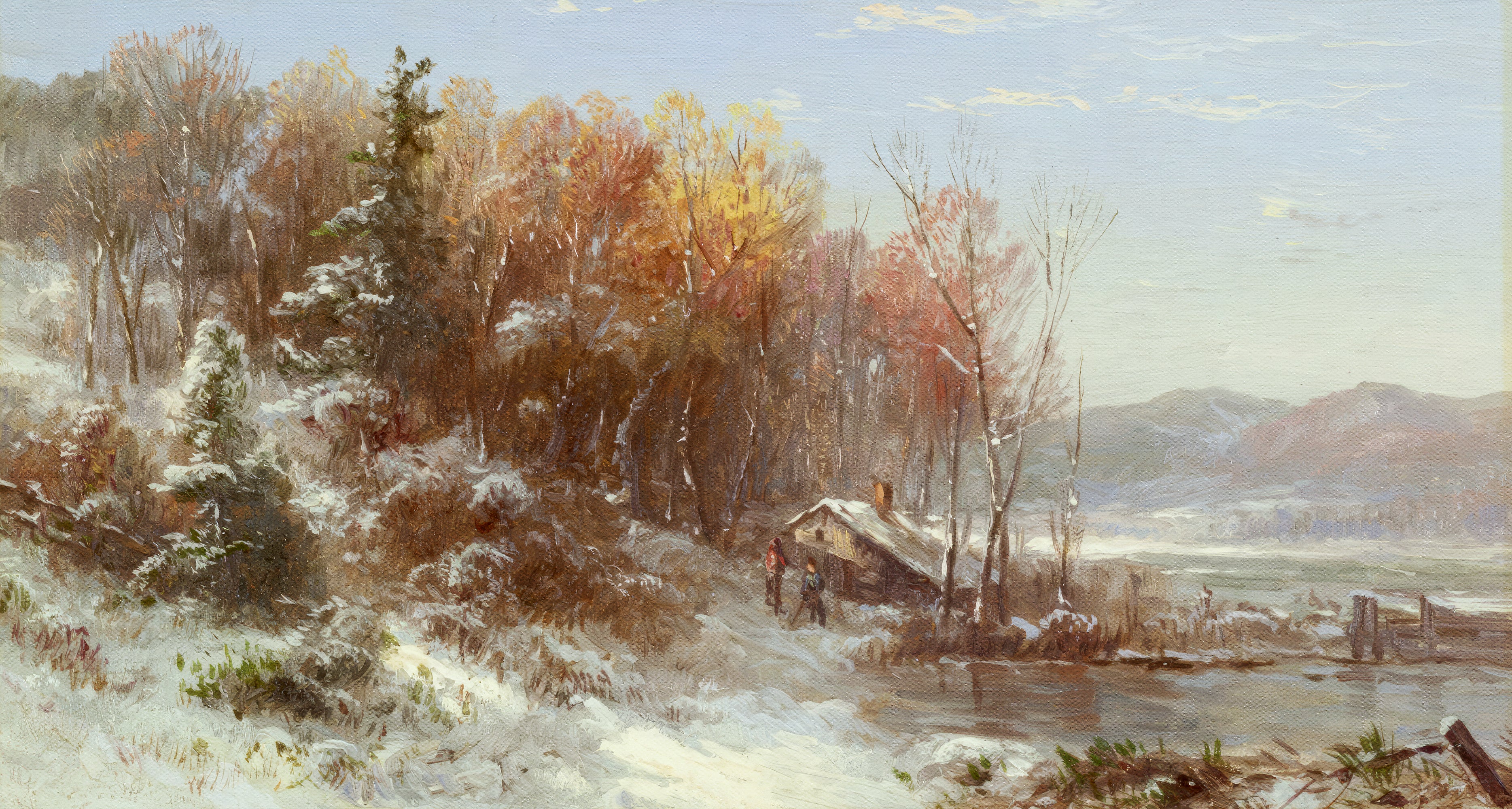 Winter landscape with snow-covered ground, trees, and a small cabin by a body of water.
