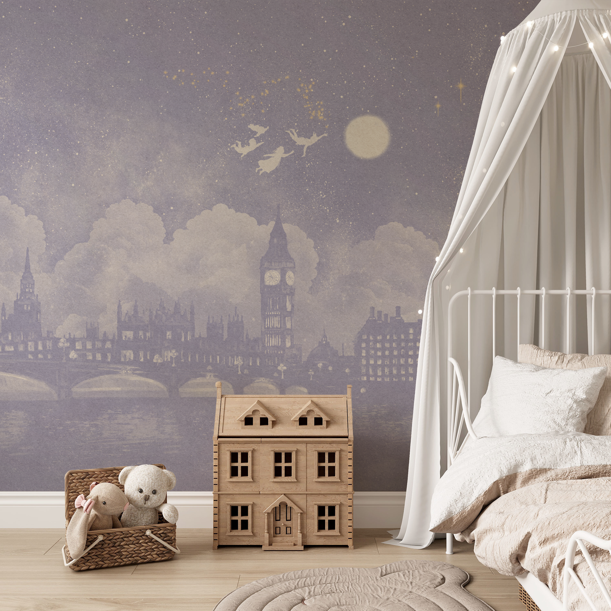 Wall Mural - Powder Lilac Peter Pan Inspired London Skyline at Night - Removable Wallpaper (Peel & Stick) - Made to Measure