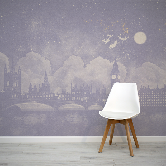 Watercolour Lilac London skyline at night inspired by Peter Pan mural with a white chair