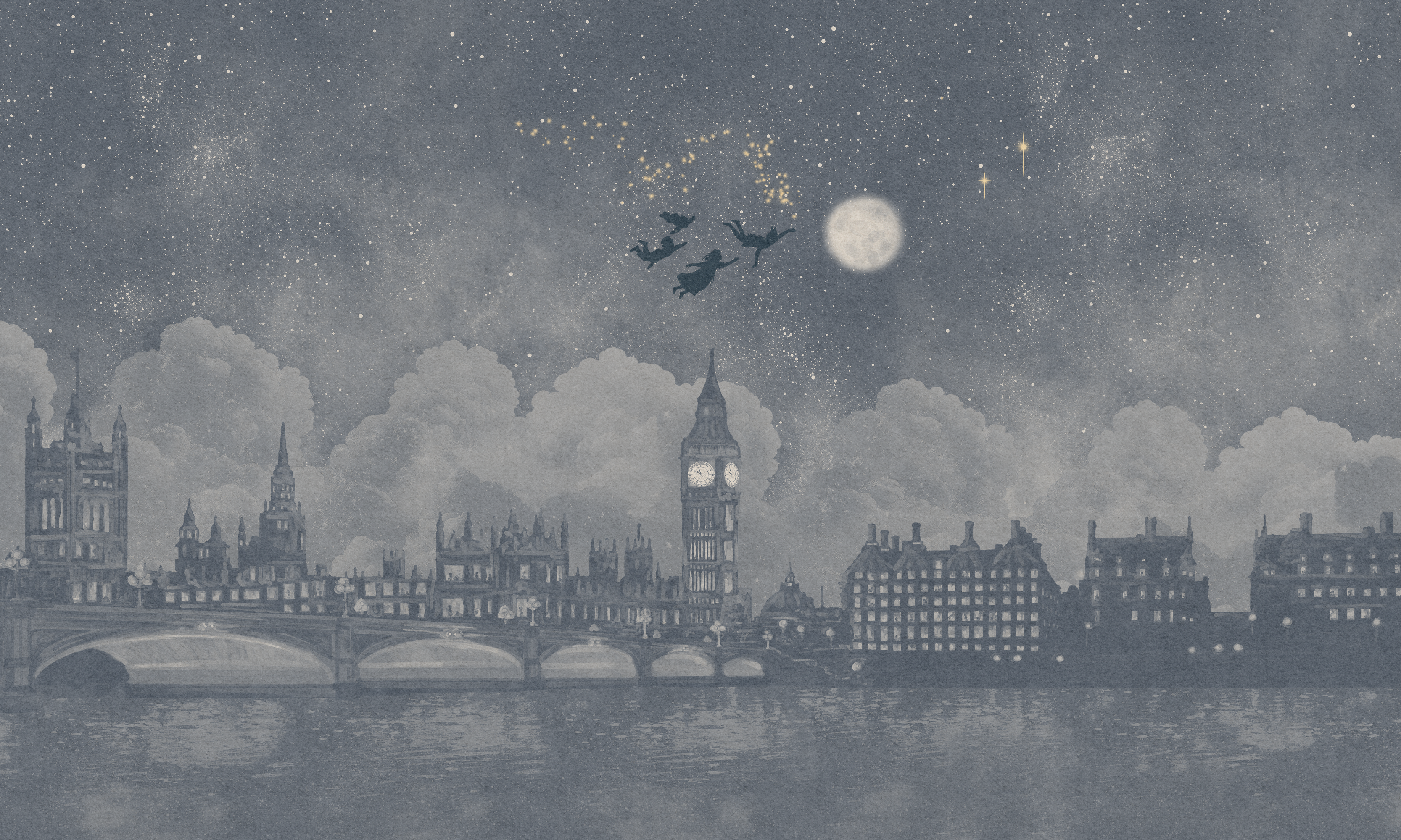 Watercolour London skyline at night Peter Pan inspired mural 
