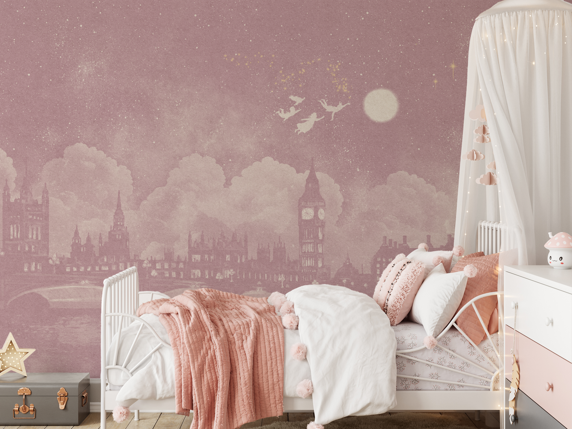 Wall Mural - Soft Pink Peter Pan Inspired London At Night - Removable Vinyl (Peel & Stick) - Made to Measure