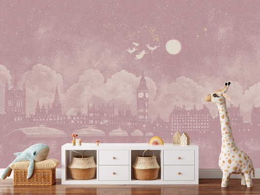 Watercolour pink London skyline at night inspired by Peter Pan mural in a children's playroom with a stuffed giraffe 