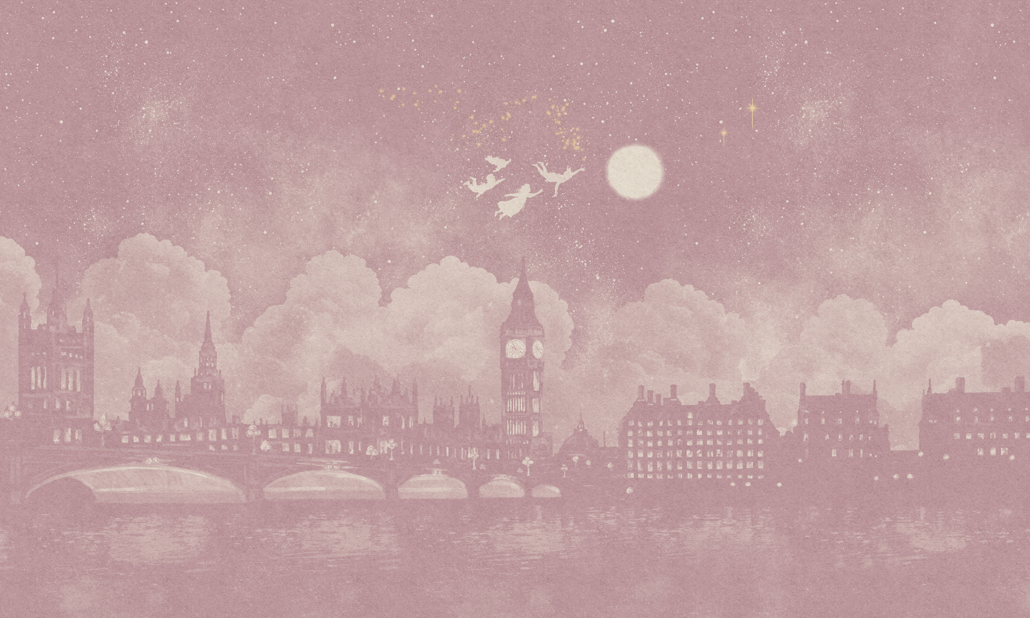 Watercolour pink London skyline at night inspired by Peter Pan mural