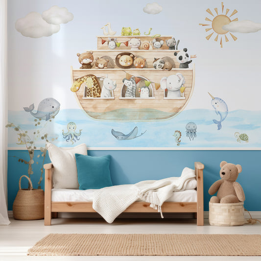 Noah's Journey Wallpaper In Child's Bedroom With Small Wooden Bed And White And Green Bedding With Half Wallpapered Wall And Half Painted Green Wall