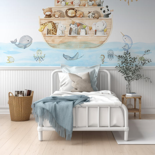 Noah's Journey Wallpaper In Room With White Wood Panelling And Small Single Bed With Blue Cushions