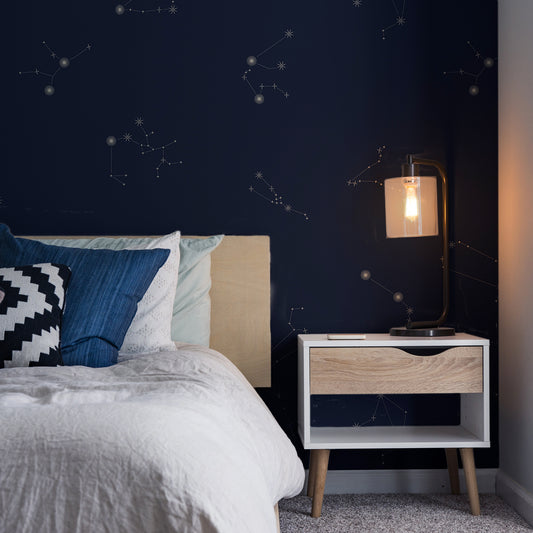 Nocturnal Constellations Blue Bedroom With Blue & White Bed and Side Lamp