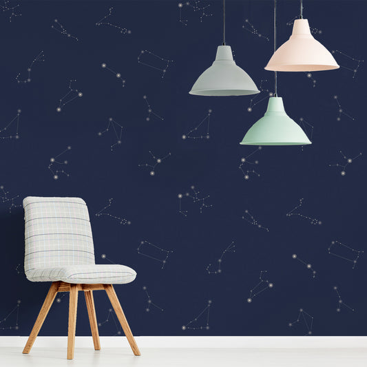 Nocturnal Constellations Blue In Lounge With Grey Chair & Pastel Lights