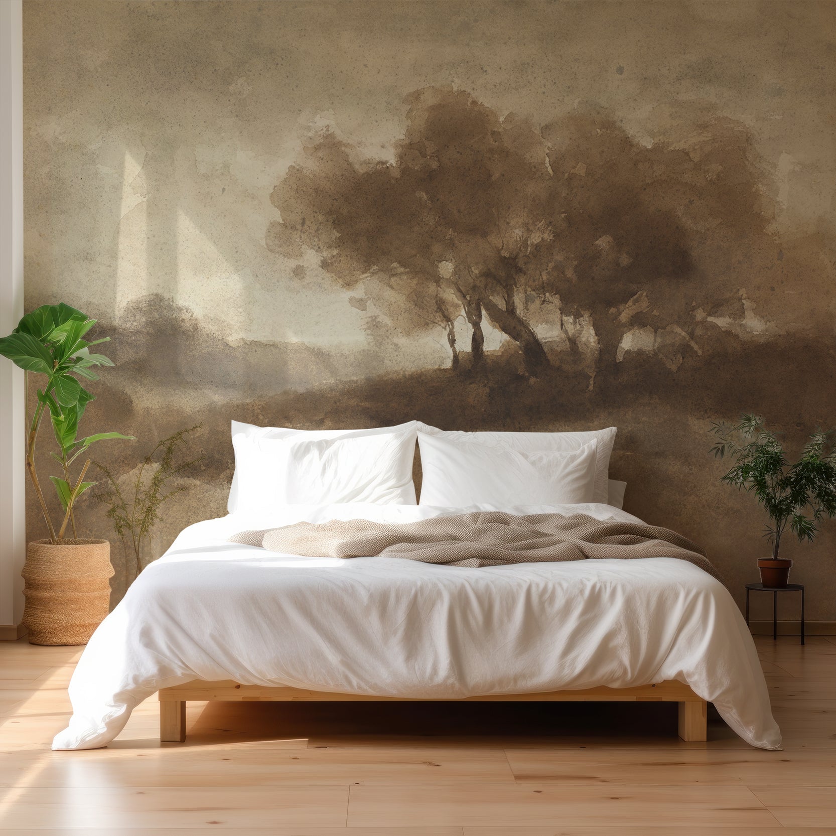 Wall Mural - Earthy Sepia Tree Landscape Painting - Removable Wallpaper (Peel & Stick) - Made to Measure