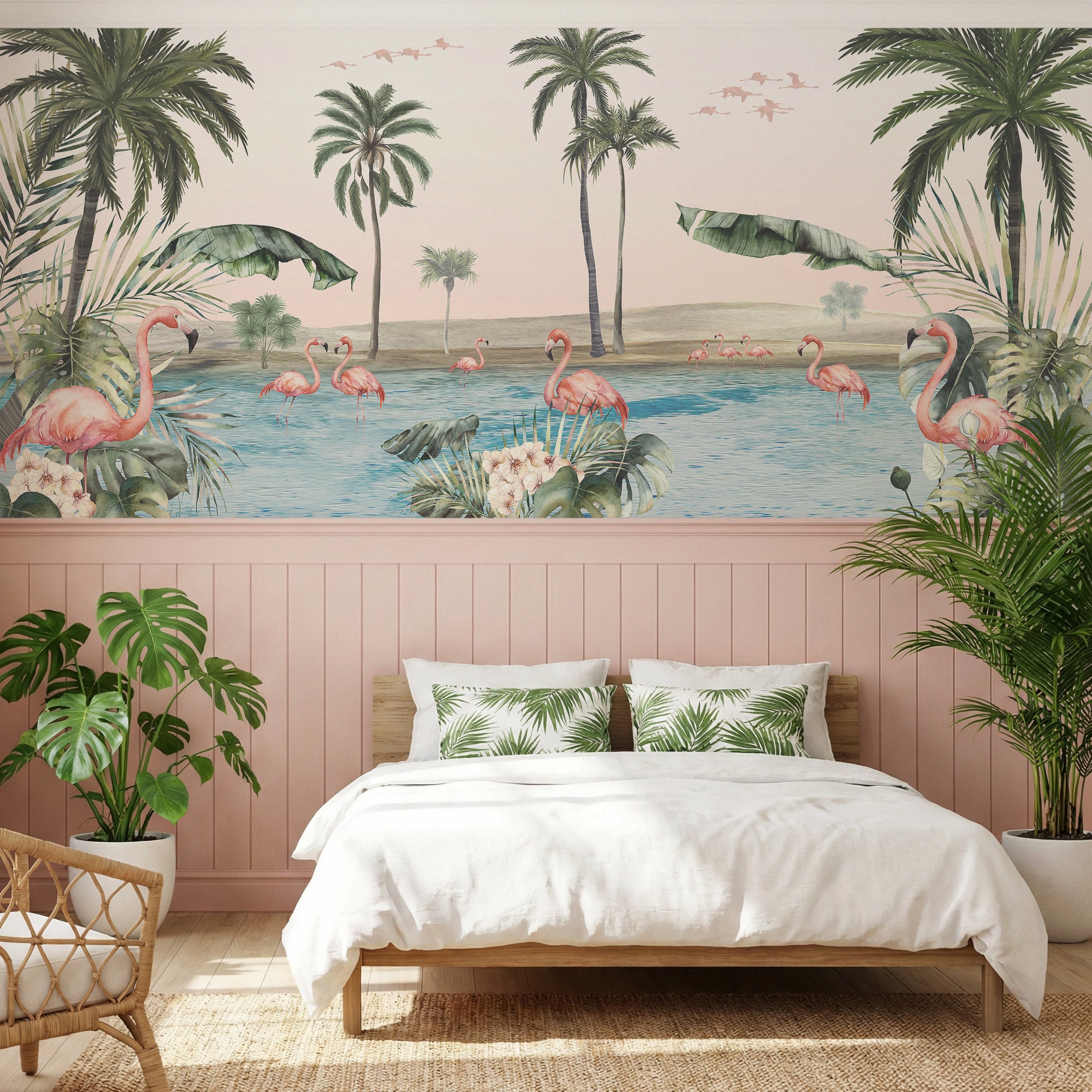 Wall Mural - Flamingo Oasis Watercolour Scene - Traditional Wallpaper (Paste-the-wall) - Made to Measure