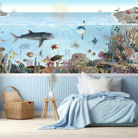Ocean Lookbook In Children's Bedroo With Single Baby Blue Bed, Blue Panelled Walls And Wooden Baskets