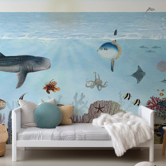 Ocean Lookbook Wallpaper In Child's Bedroom With White Bedroom And Circular Cushions