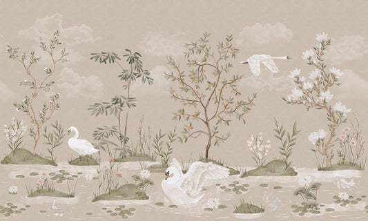 A decorative landscape-style print or wallpaper design featuring white swans in a pond with lily pads, flowering plants, trees, and soft clouds on a warm beige background.