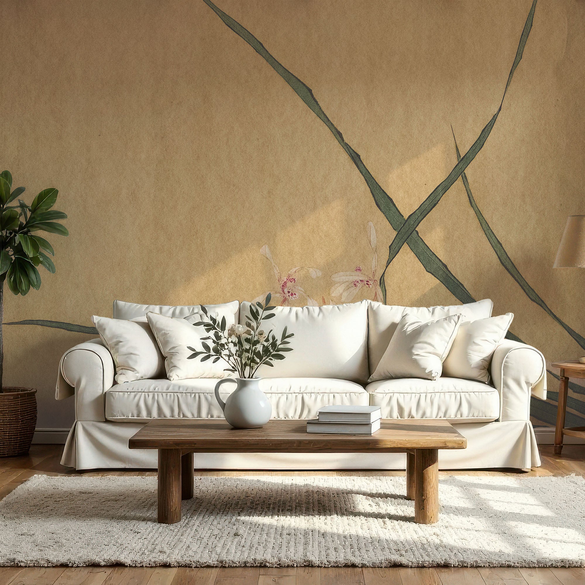 Wall Mural - Japanese Pink Orchid Ink Painting - Removable Wallpaper (Peel & Stick) - Made to Measure