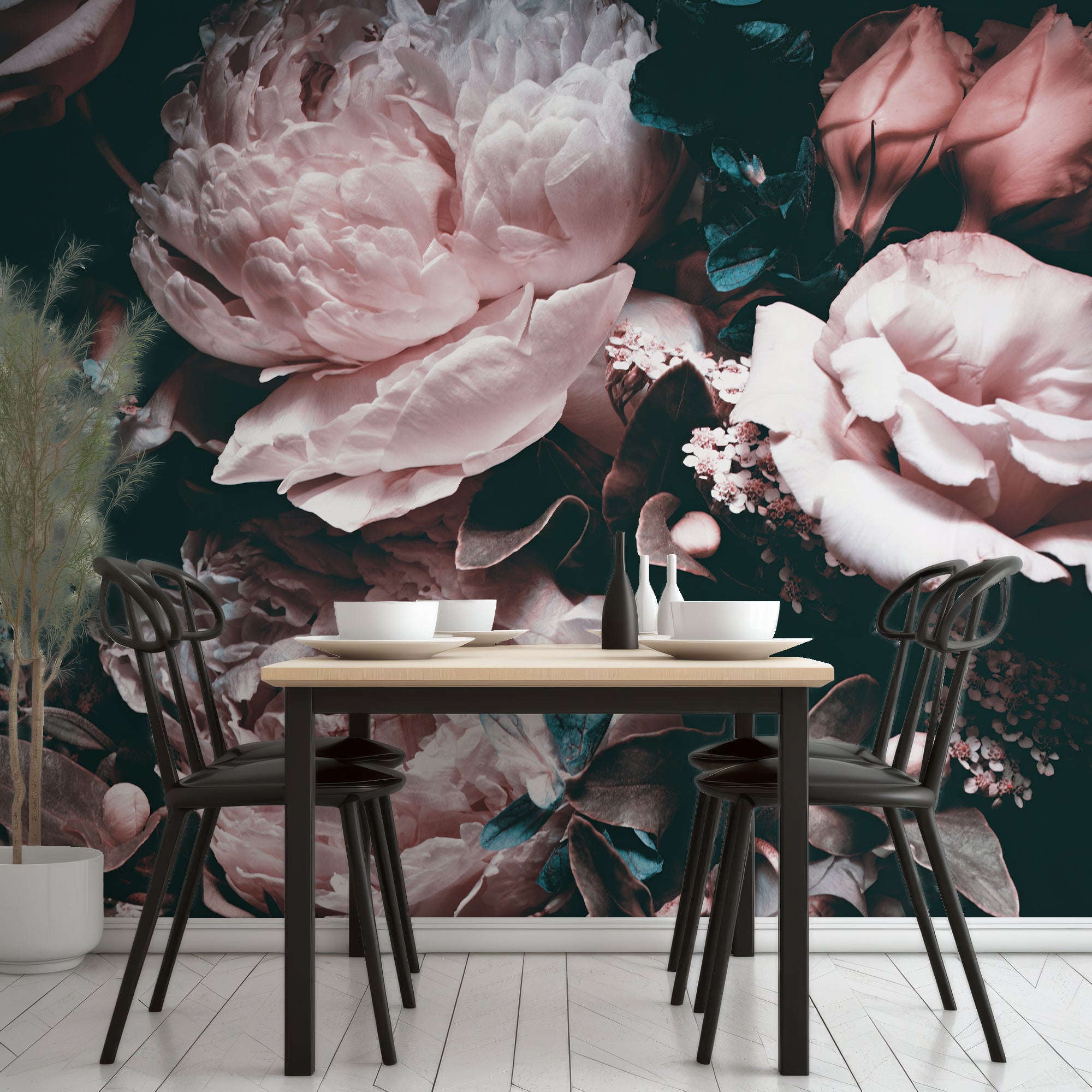 Wall Mural - Dark Floral Teal and Pink Peony - Removable Wallpaper (Peel & Stick) - Made to Measure