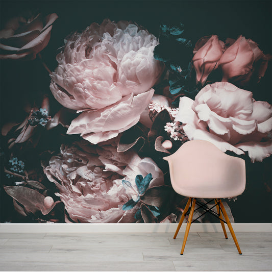 Paeonia Wallpaper In Room With Pink Chair