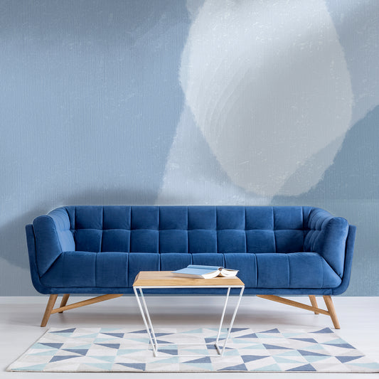 Paint Splash Symphony Wallpaper In Lounge With Blue Velvet Sofa