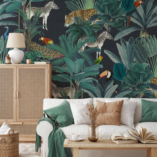 Paradise Garden Grey Speckled Wallpaper With Sofa With Green Cushions and Open Books on Coffee Table