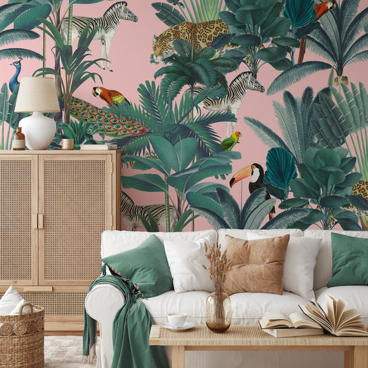 Paradise Garden Pink Sofa With Green Cushions and Open Books on Coffee Table