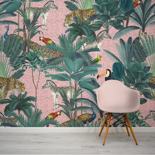 Paradise Garden Pink and Speckled Wallpaper With Pink Chair