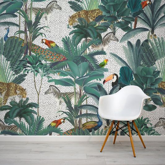 Paradise Garden White and Speckled Wallpaper With White Chair