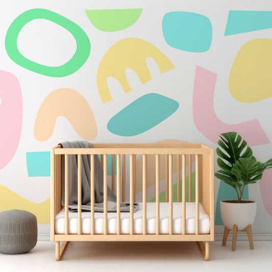 Pastel Puzzles Bright In Nursery With Wooden Crib And Green Plant
