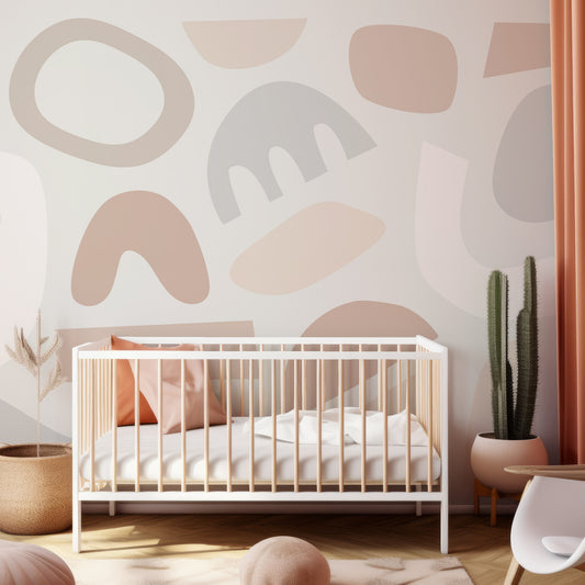 Pastel Puzzles Neutral In Child's Bedroom With Peach Pillows And Beige Plants