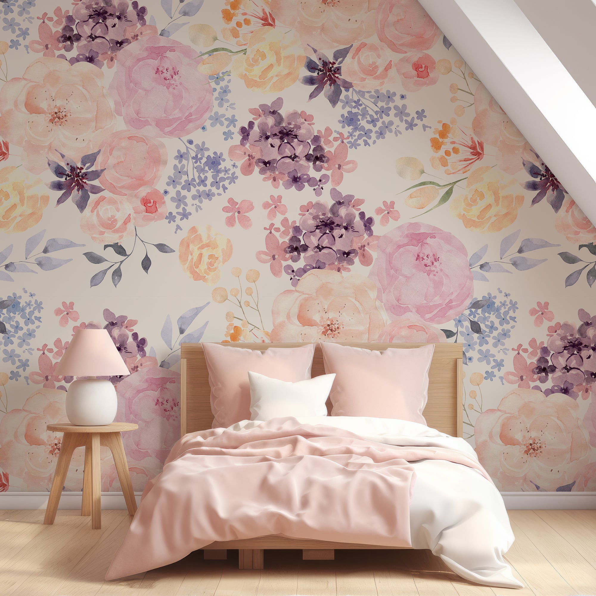 Wall Mural - Watercolour Foliage Of Colourful Flowers Wallpaper - Removable Wallpaper (Peel & Stick) - Made to Measure