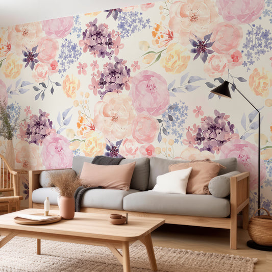Pastel Rose Dreams Wallpaper In Beige & Tan Wooden Sofa With Grey Cushioning & Black Lampshade