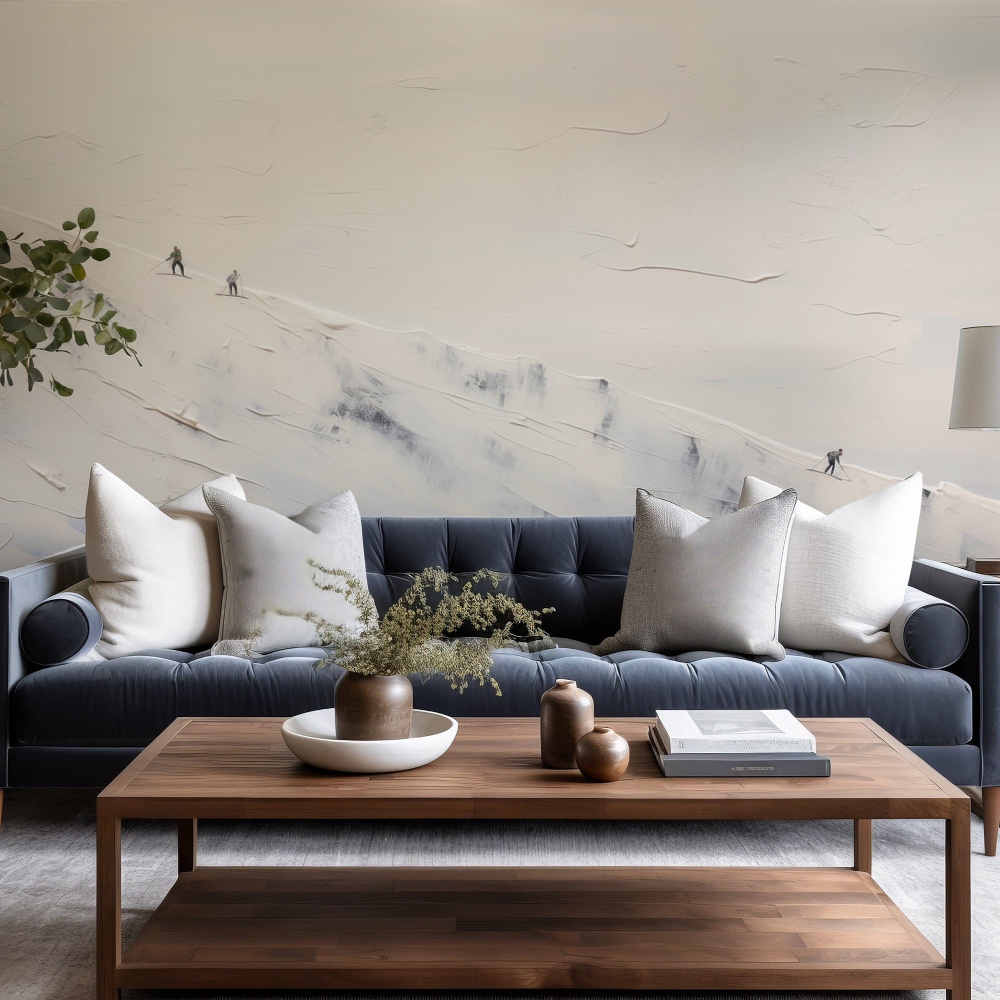 Wall Mural - Textured White Mountain Ski Scene Abstract Art - Traditional Wallpaper (Paste-the-wall) - Made to Measure