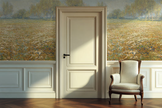 Penelope Wallpaper with a Beige door with a chair in front of a wall with a nature scene mural.