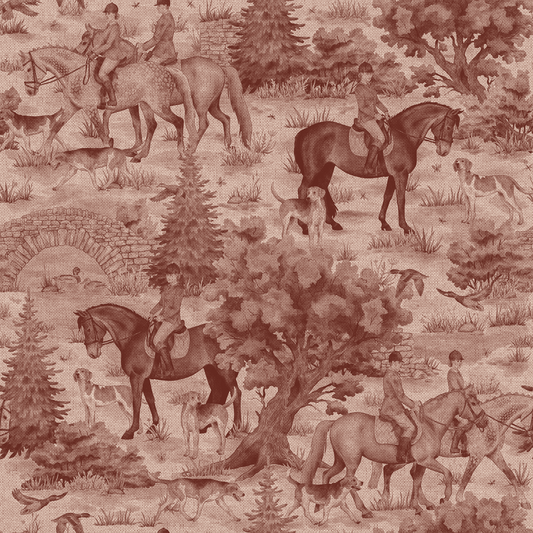 Patterned wallpaper with hunting scene featuring people on horseback, dogs, and trees.