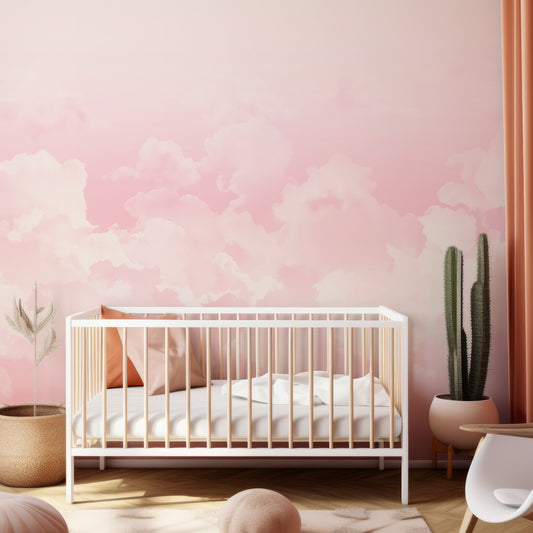 Pink Dreamy Skies In Child's Bedroom With Peach Pillows And Beige Plants