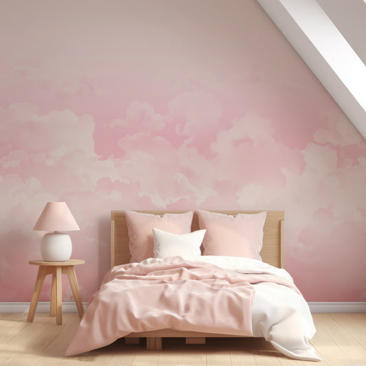 Pink Dreamy Skies In Girl's Bedroom With Peach Pink Bed