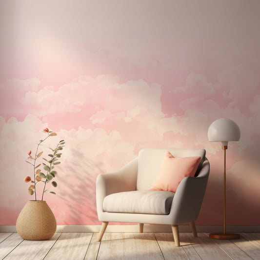 Pink Dreamy Skies In Room With Grey Chair & Pink Cushion With Warm Light Shining Into Room