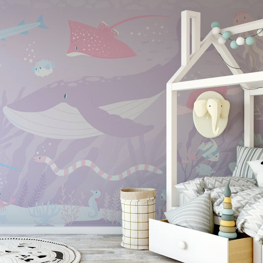 Pink Submerged Fantasia wallpaper in child's bedroom with big bed with zigzag grey bedding and elephant shaped clothes hanger