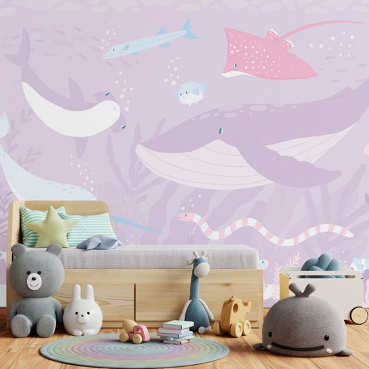 Pink Submerged Fantasia wallpaper in children's bedroom with small bed with grey bedding and lots of stuffed toys