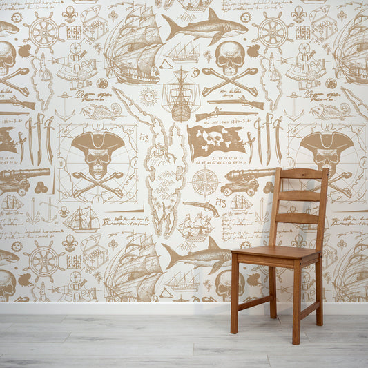 Pirate's Blueprint Wallpaper Mural In Room With Wooden Chair