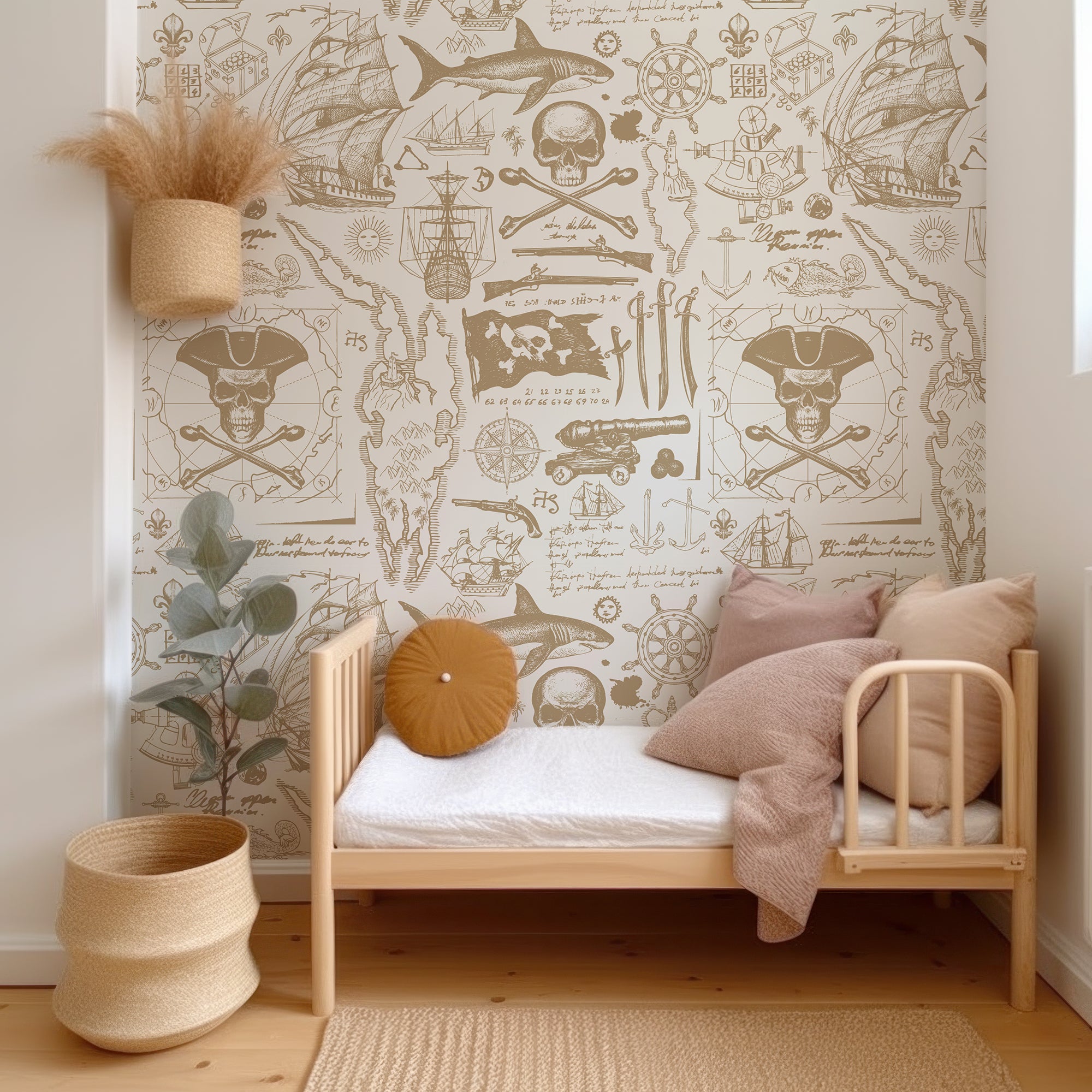 Wall Mural - Gold Pirate Map and Skulls Wallpaper - Removable Wallpaper (Peel & Stick) - Made to Measure