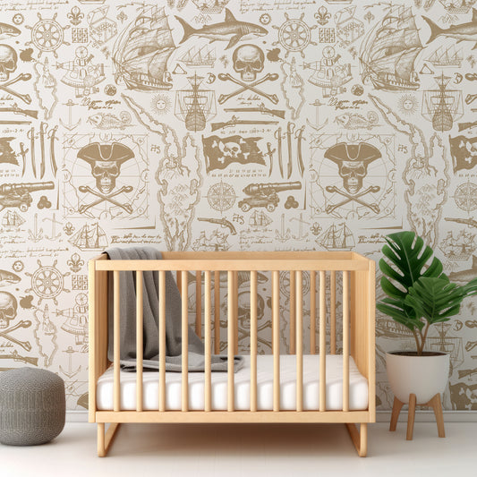 Pirates Blueprint Gold Wallpaper In Nursery With Wooden Crib And Green Plant And Grey Blankets