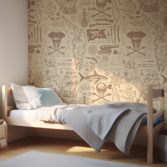 Pirates Blueprint Wallpaper Beige In Child's Bedroom With Light Blue Bedding And Wooden Bed