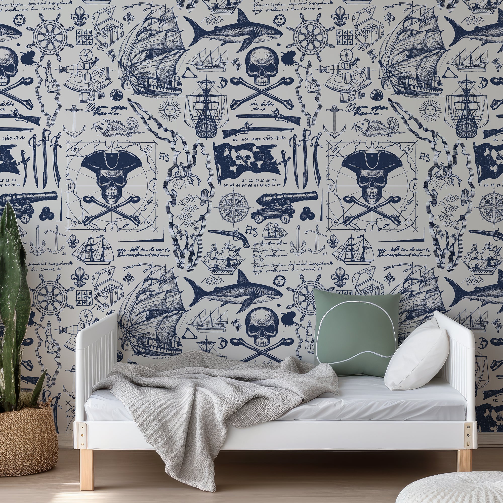 Wall Mural - Blue Pirate Map and Skulls Wallpaper - Removable Wallpaper (Peel & Stick) - Made to Measure