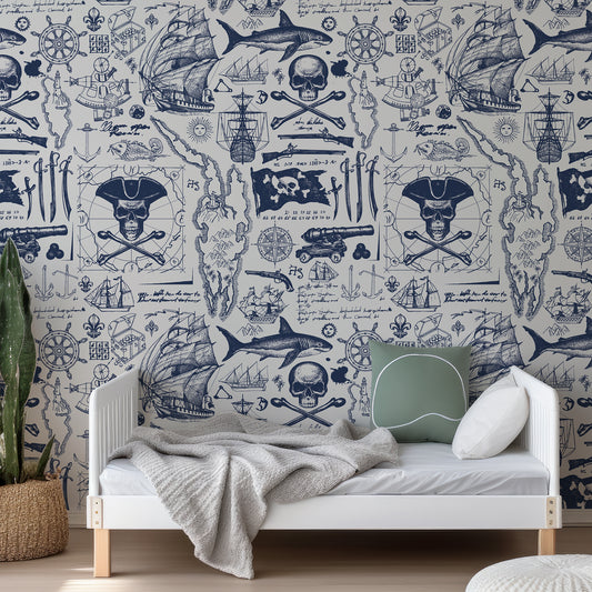Pirates Blueprint Wallpaper In Child's Bedroom With Green Bedding With White Bed And White Bed Frame