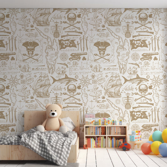 Pirates Blueprint Wallpaper In Child's Bedroom With Wooden Bed, Big Teddy Bear And Bookshelf With Balloons