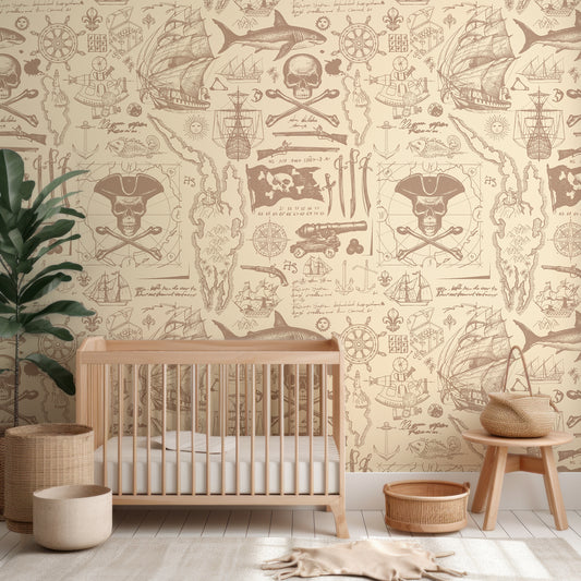 Pirates Blueprint Wallpaper In Nursery With Wooden Crib And Green Plant And Wooden Stools