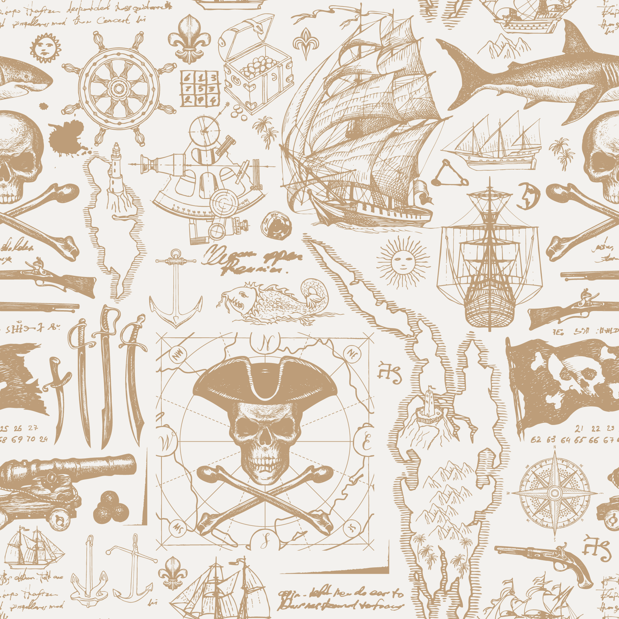 Blackbeard Royale - Gold Pirate Map & Skulls Wallpaper