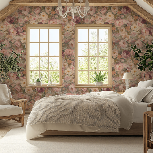 Bedroom with floral wallpaper, large windows, and a cozy bed.