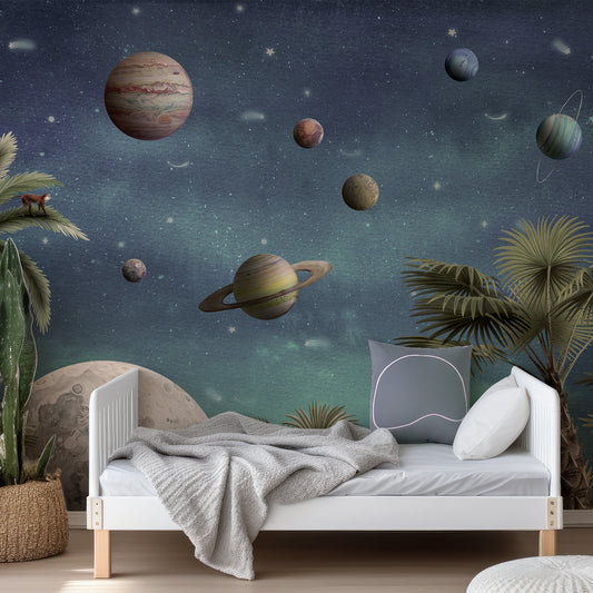 Pretty Planets Wallpaper In Child's Bedroom With Green Bedding With White Bed And White Bed Frame