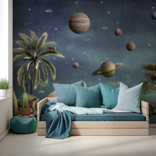 Pretty Planets Wallpaper In Children's Bedroom With Bright Green Bedding On Wooden Bed
