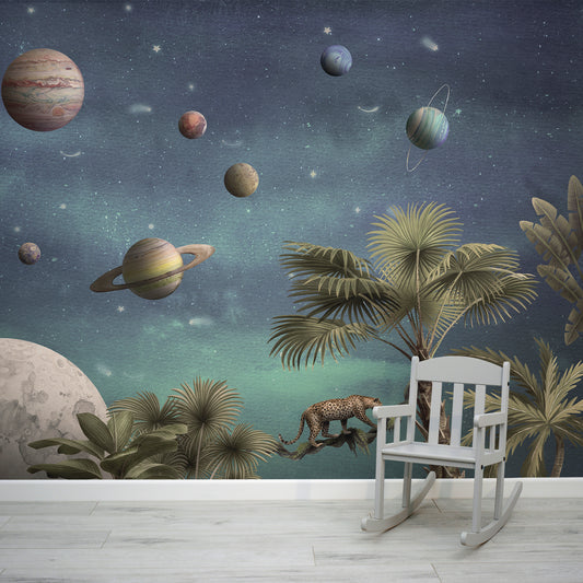 Pretty Planets Wallpaper In Room With Small Grey Chair